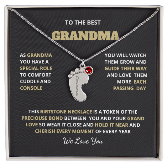 Engraved Baby Feet Necklace with Birthstone Gift for Grand Mother