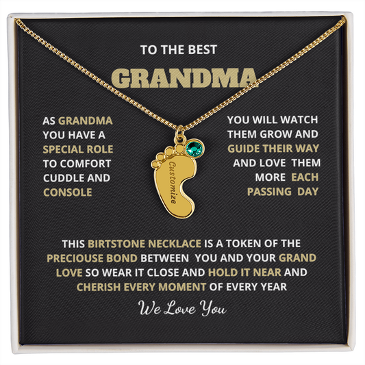 Engraved Baby Feet Necklace with Birthstone Gift for Grand Mother