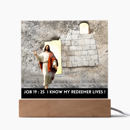 Scripture Art, Led lit Acrylic Plaque, of the Risen Christ Leaving the Empty Tomb In Jerusalem.