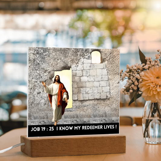 Scripture Art, Led lit Acrylic Plaque, of the Risen Christ Leaving the Empty Tomb In Jerusalem.